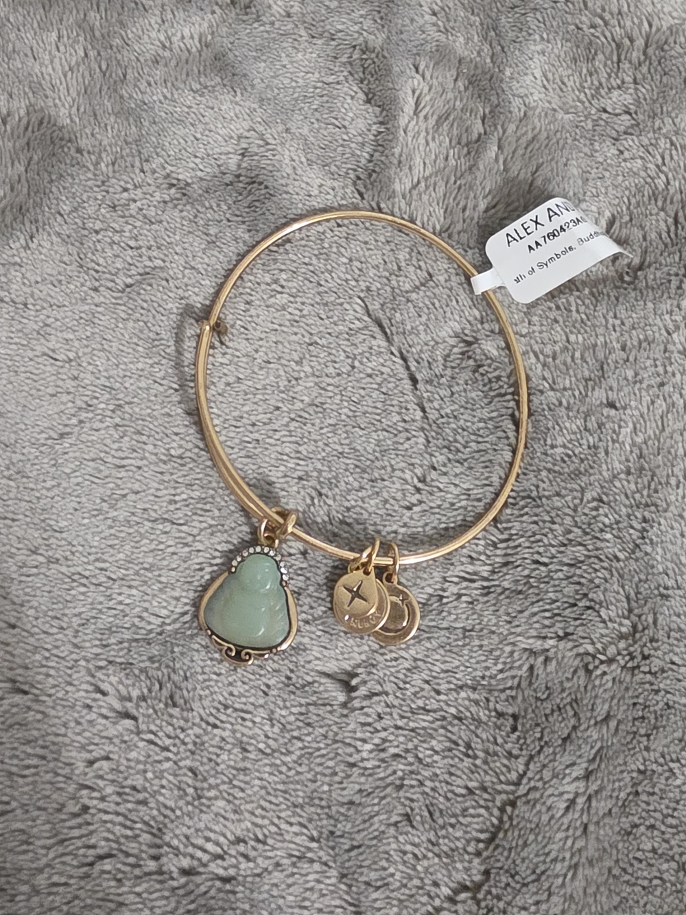 Alex and Ani Gold Bangle with Mint Green Buddha Charm